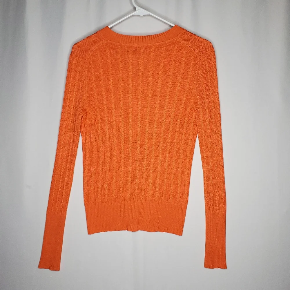 Leyla Mitra‎ Silk Cable Knit Sweater Womens Small Orange Vneck Vtg Quiet Luxury